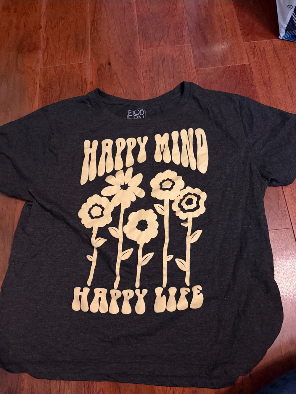 Target Black Crop Top with Cream Floral "Happy Mind Happy Life" Print